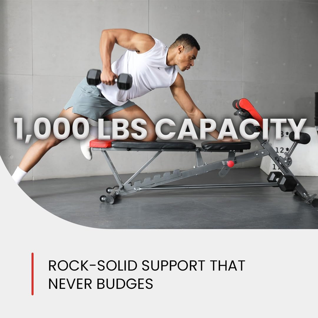 Finer Form Multi-Functional Adjustable FID Weight Bench and Roman Chair - 1,000 lb Capacity, 23 Settings for Flat, Incline, and Decline Workouts, Equipped with Transport Wheels and Exercise Chart