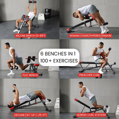 Finer Form Multi-Functional Adjustable FID Weight Bench and Roman Chair - 1,000 lb Capacity, 23 Settings for Flat, Incline, and Decline Workouts, Equipped with Transport Wheels and Exercise Chart