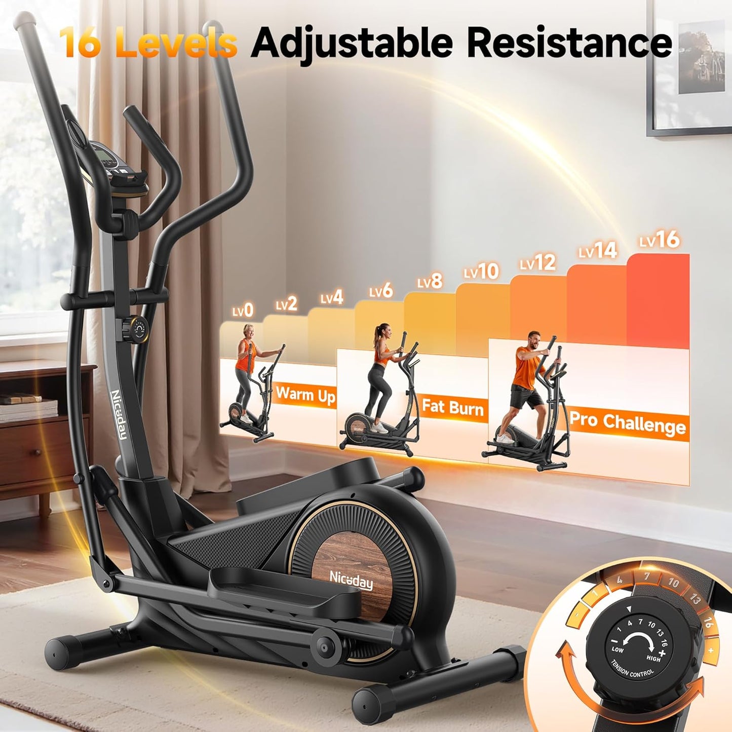 Transform Your Home Workouts with the Niceday Elliptical Machine - Compact Design, 16 Resistance Levels, and 400LB Capacity for Ultimate Performance