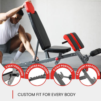Finer Form Multi-Functional Adjustable FID Weight Bench and Roman Chair - 1,000 lb Capacity, 23 Settings for Flat, Incline, and Decline Workouts, Equipped with Transport Wheels and Exercise Chart